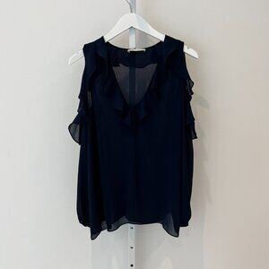 ALICE + OLIVIA NAVY BLUE POLYESTER COLD SHOULDER TOP SIZE L